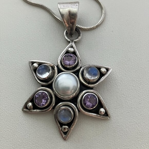 Pearl, Moon stone, Light purple gemstone, 925 Sterling Silver pendant - Picture 5 of 9